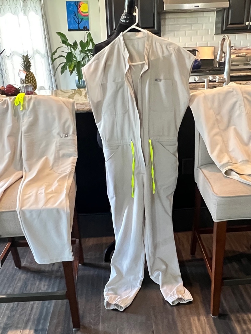 Figs Light Beige Jumpsuit with Neon Yellow Drawcords